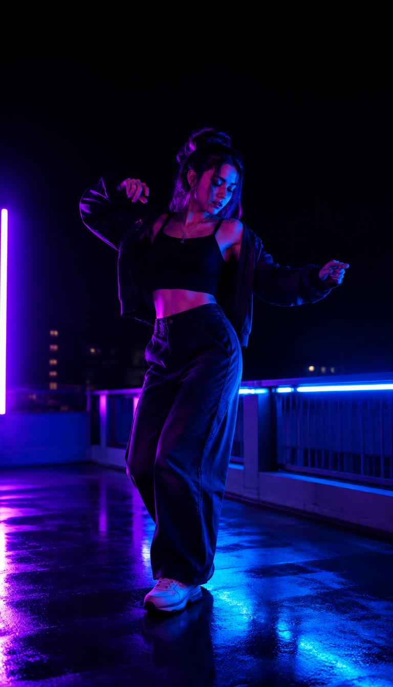 Creator dancing on a neon rooftop